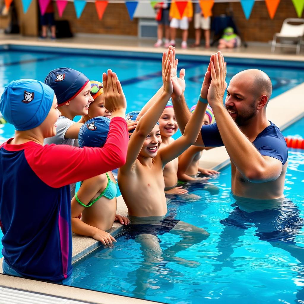 Coach high-fiving kids after swim class