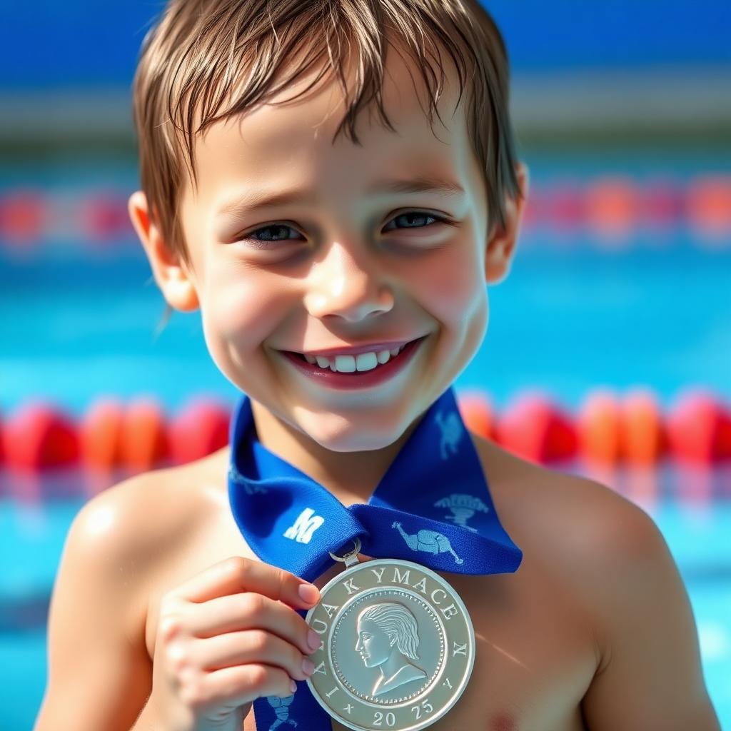 Smiling child holding swim achievement medal
