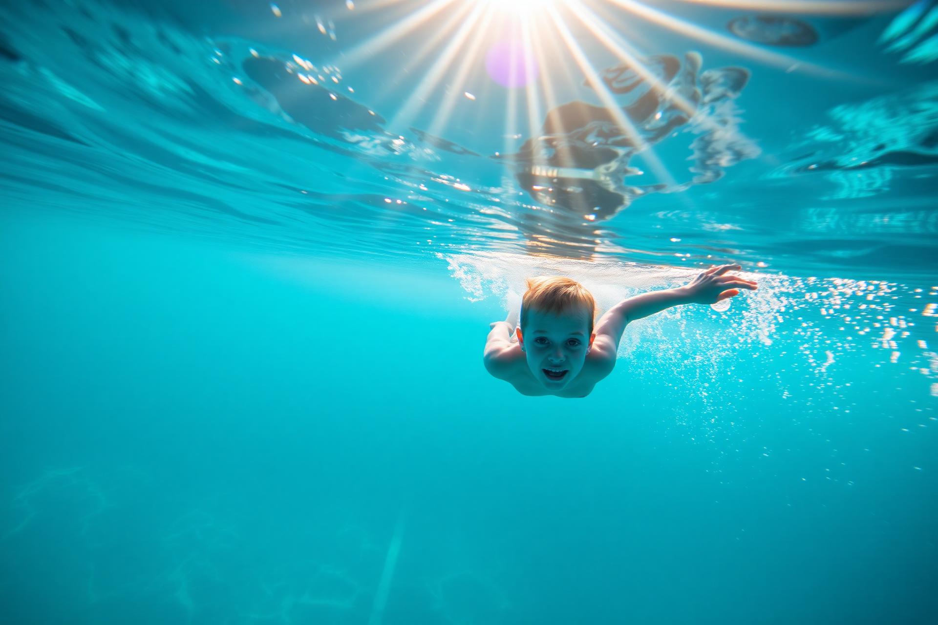 Child swimming joyfully underwater